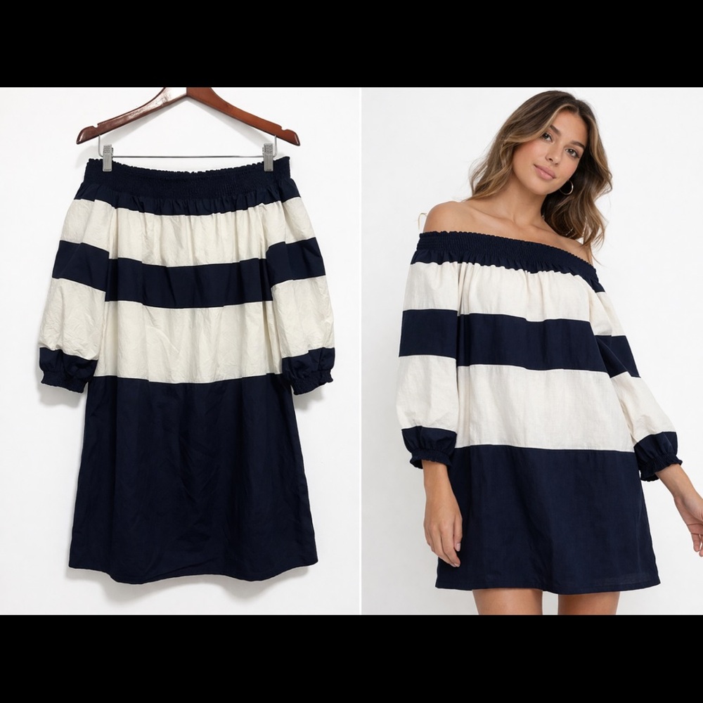 Crown & Ivy Navy White Stripe Off Shoulder Shift Dress XS